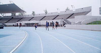 Buy stock photo Running, competition and marathon with people on race track for workout, challenge and fitness. Exercise, health and sports athlete with back of runner in stadium for training, sprint and cardio