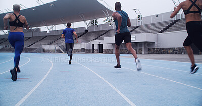 Buy stock photo Running, competition and exercise with people on race track for workout, challenge and marathon. Fitness, health and sports athlete with back of runners in stadium for training, sprint and cardio