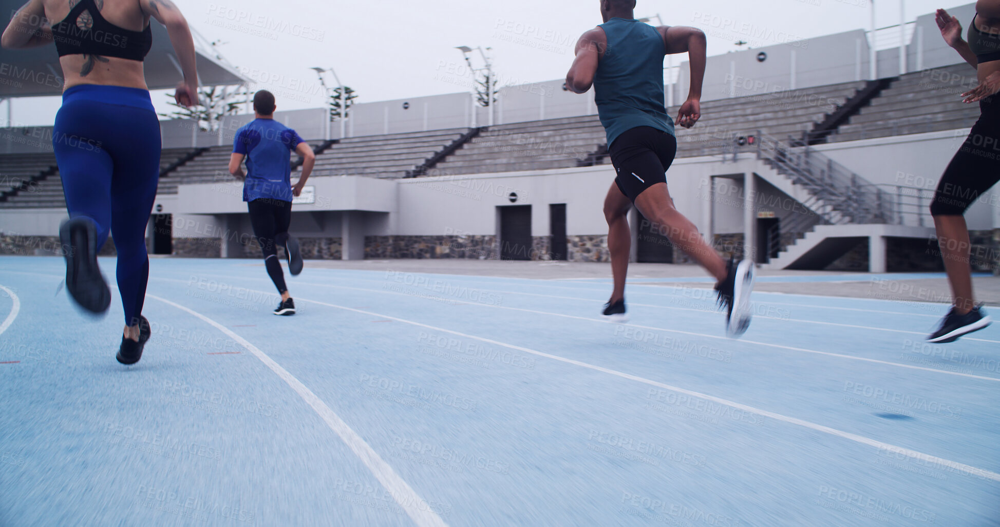 Buy stock photo Running, competition and speed with people on race track for workout, challenge and marathon. Exercise, health and sports athlete with back of runner in stadium for training, sprint and cardio