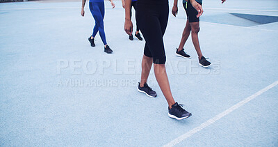 Buy stock photo Runner, walking and fitness with legs on race track for marathon practice, workout and cardio challenge. Sports athlete, exercise and competition with people in stadium for health, training or start