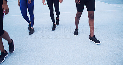 Buy stock photo Runner, walking and workout with legs on race track for marathon practice, fitness and cardio challenge. Sports athlete, exercise and competition with people in stadium for health, training and space