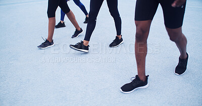 Buy stock photo Active, people and running on road, legs or training for marathon together, race or workout routine. Athlete, feet and group with footwear for cardio, exercise and preparing for sport competition