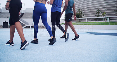 Buy stock photo Feet, people and walk on track at stadium for fitness, start exercise and training for race. Back, runners and getting ready for endurance workout, marathon practice or sports activity of competition