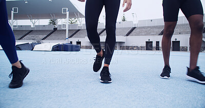 Buy stock photo Runner, walking and athlete with legs on race track for marathon practice, workout and cardio challenge. Sports, exercise and competition with people in stadium for health, training and fitness