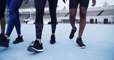 Buy stock photo Runner, resting and fitness with legs on race track for marathon practice, workout and cardio challenge. Sports athlete, exercise and competition with people in stadium for health, training or sprint