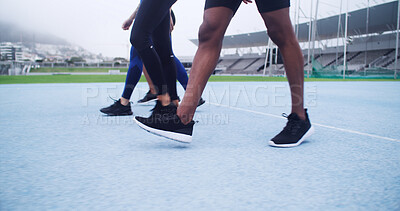 Buy stock photo Runner, walking and sports with legs on race track for marathon practice, workout and cardio challenge. Fitness athlete, exercise and competition with people in stadium for health, training or event