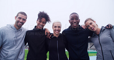 Buy stock photo Fitness, hug and portrait of athlete friends in stadium for bonding, competition or support. Exercise, smile and teamwork with group of happy people outdoor at venue for health, training or workout