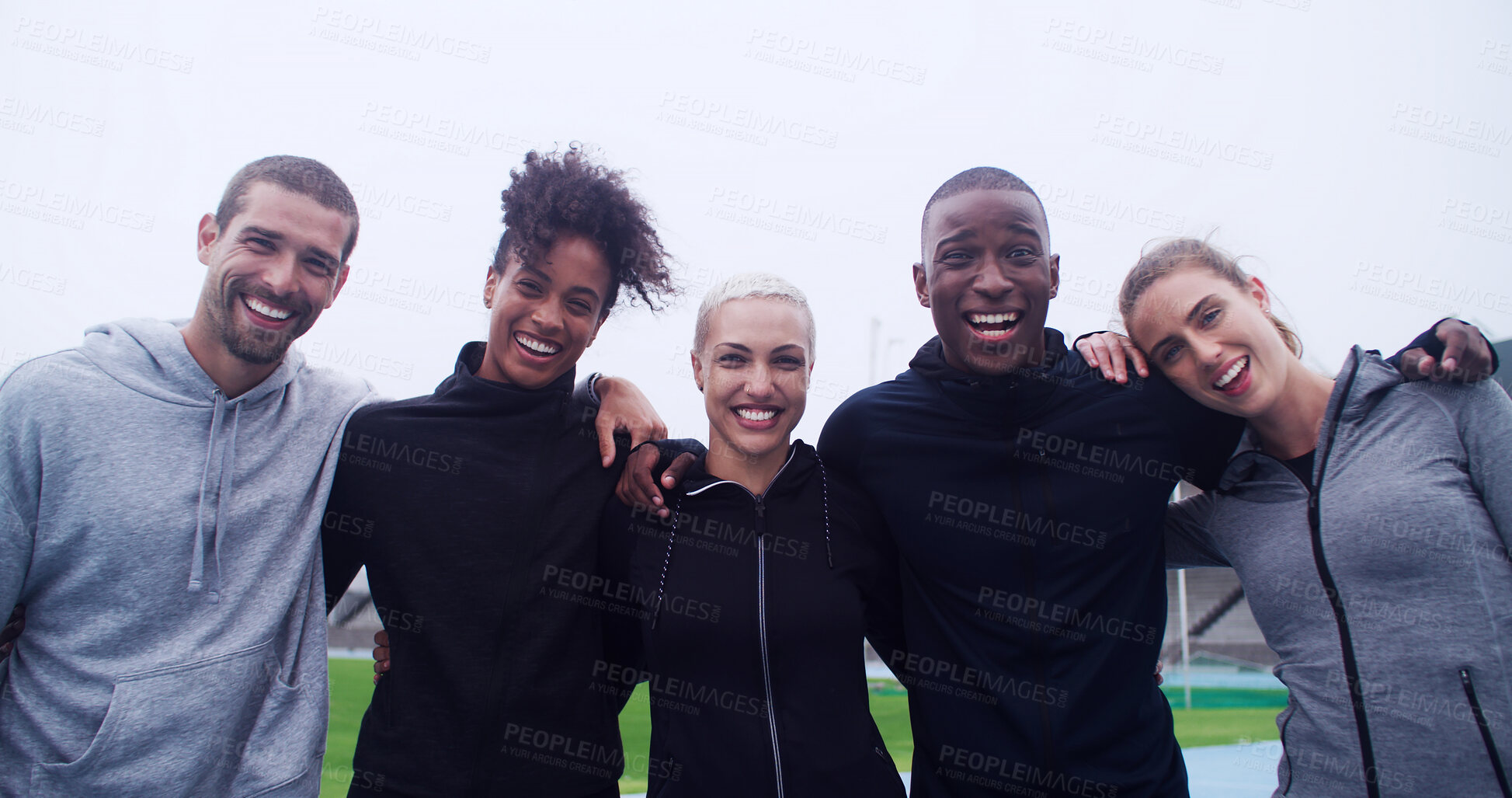 Buy stock photo Fitness, hug and portrait of athlete friends in stadium for bonding, competition or support. Exercise, smile and teamwork with group of happy people outdoor at venue for health, training or workout