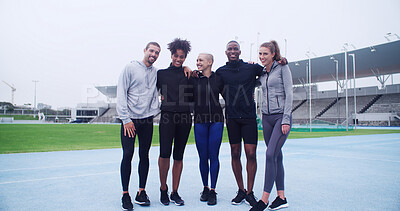 Buy stock photo Runner, portrait and fitness with people on race track for workout, cardio challenge and marathon practice. Competition, training and contest with friends in stadium for sports athlete and hug