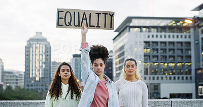 Buy stock photo Portrait, people and protest poster in city for equality, human rights and social justice. Woman, billboard and community fight of society freedom, inequality propaganda and rally together for change