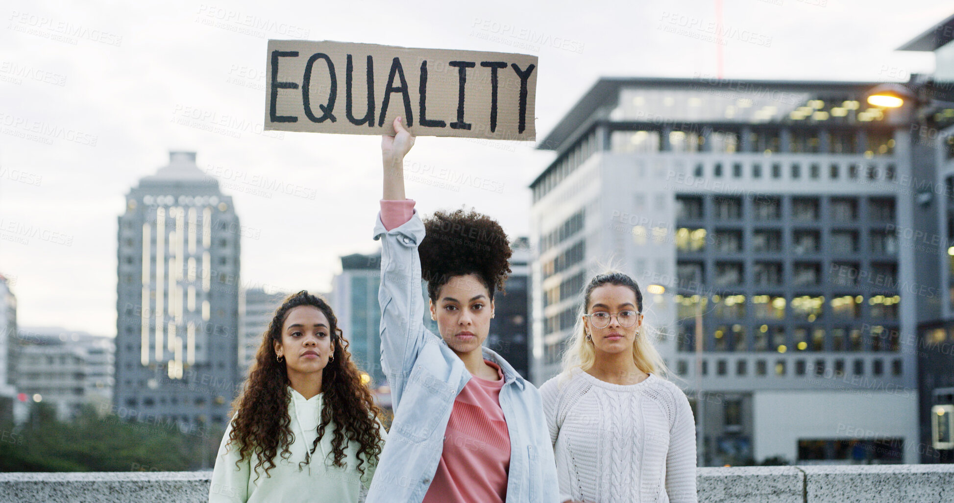 Buy stock photo Portrait, people and protest poster in city for equality, human rights and social justice. Woman, billboard and community fight of society freedom, inequality propaganda and rally together for change