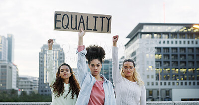 Buy stock photo Portrait, people and fist with protest poster for equality, human rights and social justice. Women, sign and community fight for society freedom, inequality propaganda and riot for democracy movement