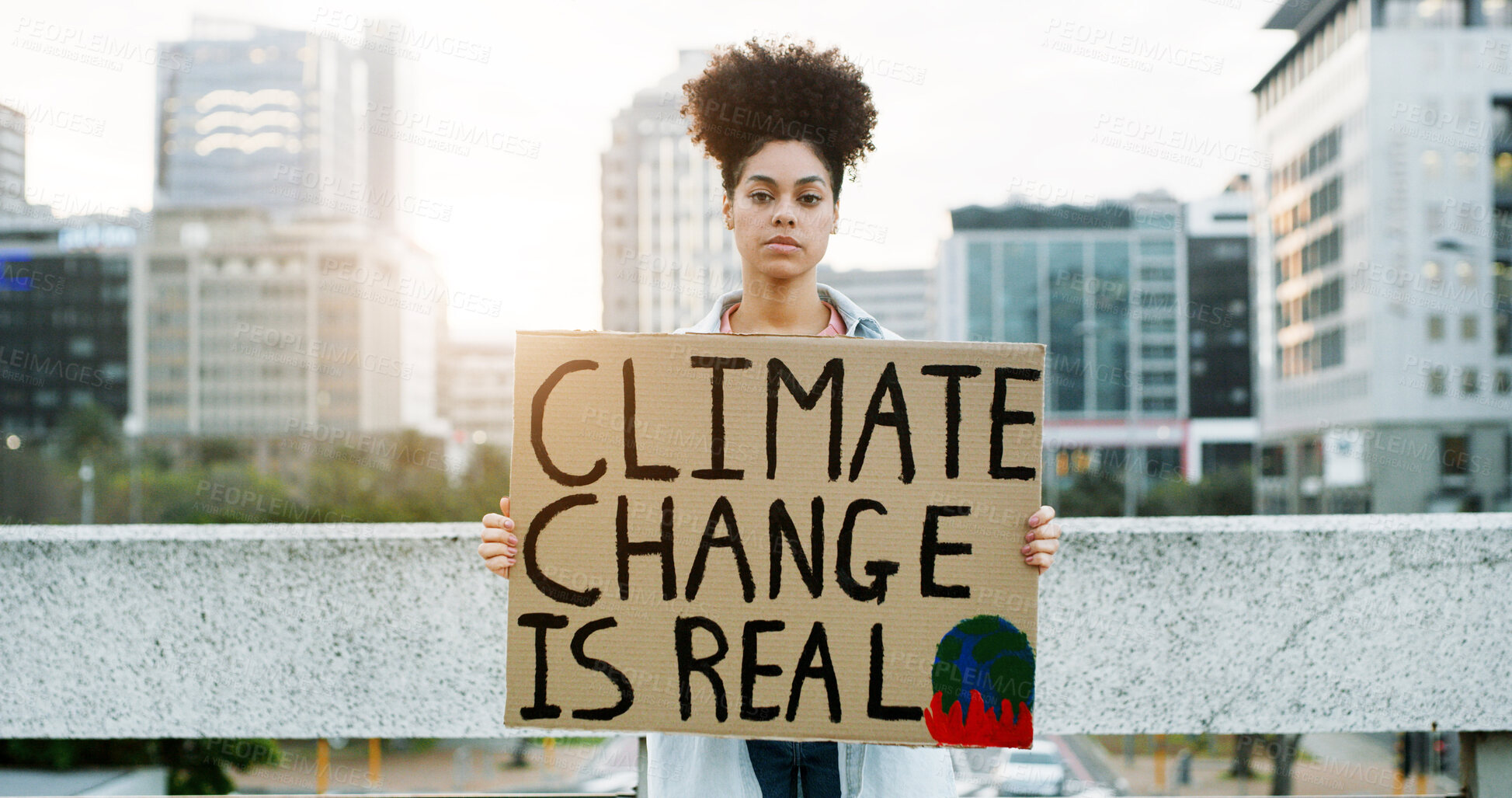 Buy stock photo Portrait, woman and protest with billboard in city for awareness, climate change and global warming. Female person, poster sign and stop pollution for planet safety, green movement and society impact