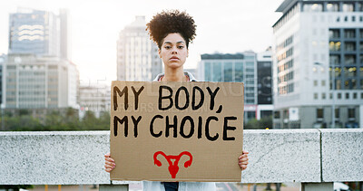 Buy stock photo Woman, protest and portrait for pro choice sign, announcement and call to action for support in city. Girl, board and poster for freedom, reproductive autonomy and human rights for parenthood in USA