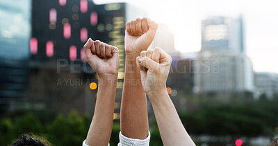 Buy stock photo Hands, people and fist for protest in city to stop war, justice and society support of revolution. Community, vote and fight for government change, election propaganda and rally together for equality