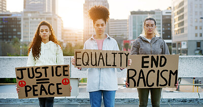 Buy stock photo Portrait, women and protest placard in city for equality, end racism and justice for peace. People, poster and community fight for society freedom, inequality propaganda and democracy movement