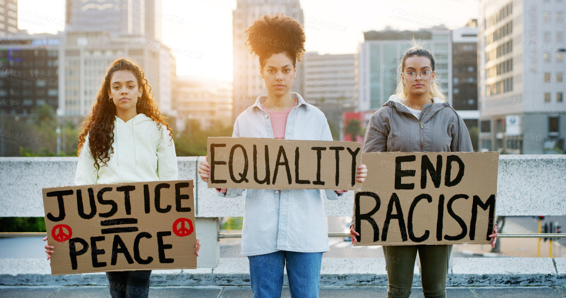 Buy stock photo Portrait, women and protest placard in city for equality, end racism and justice for peace. People, poster and community fight for society freedom, inequality propaganda and democracy movement