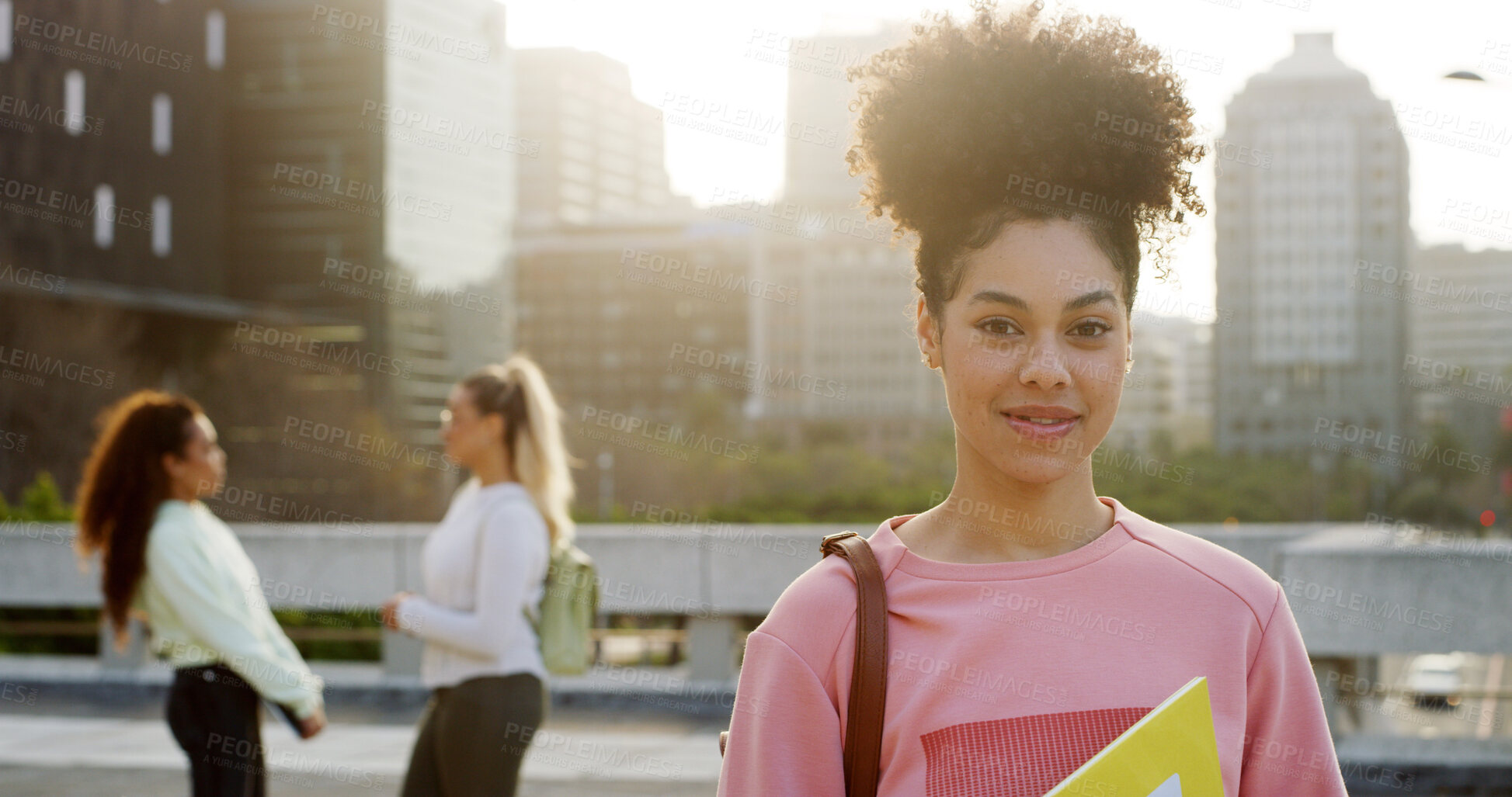 Buy stock photo Happy woman, portrait and university student with books, pride and back to school in city. Girl, smile and outdoor at campus with confidence for learning, scholarship and college education in town