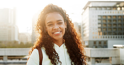 Buy stock photo Portrait, happy girl and university student in city for education, learning or scholarship. Smile, learner and woman at college campus outdoor with morning flare, development or opportunity in Brazil
