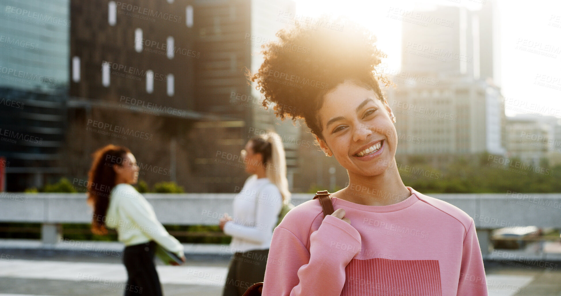 Buy stock photo Portrait, happy woman and college student in city for education, learning or scholarship. Smile, learner and confident girl at university campus outdoor with morning flare, development or opportunity