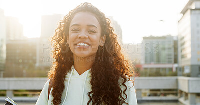 Buy stock photo Portrait, happy woman and university student in city for education, learning or scholarship. Smile, learner and girl at college campus outdoor with morning flare, development or opportunity in Brazil