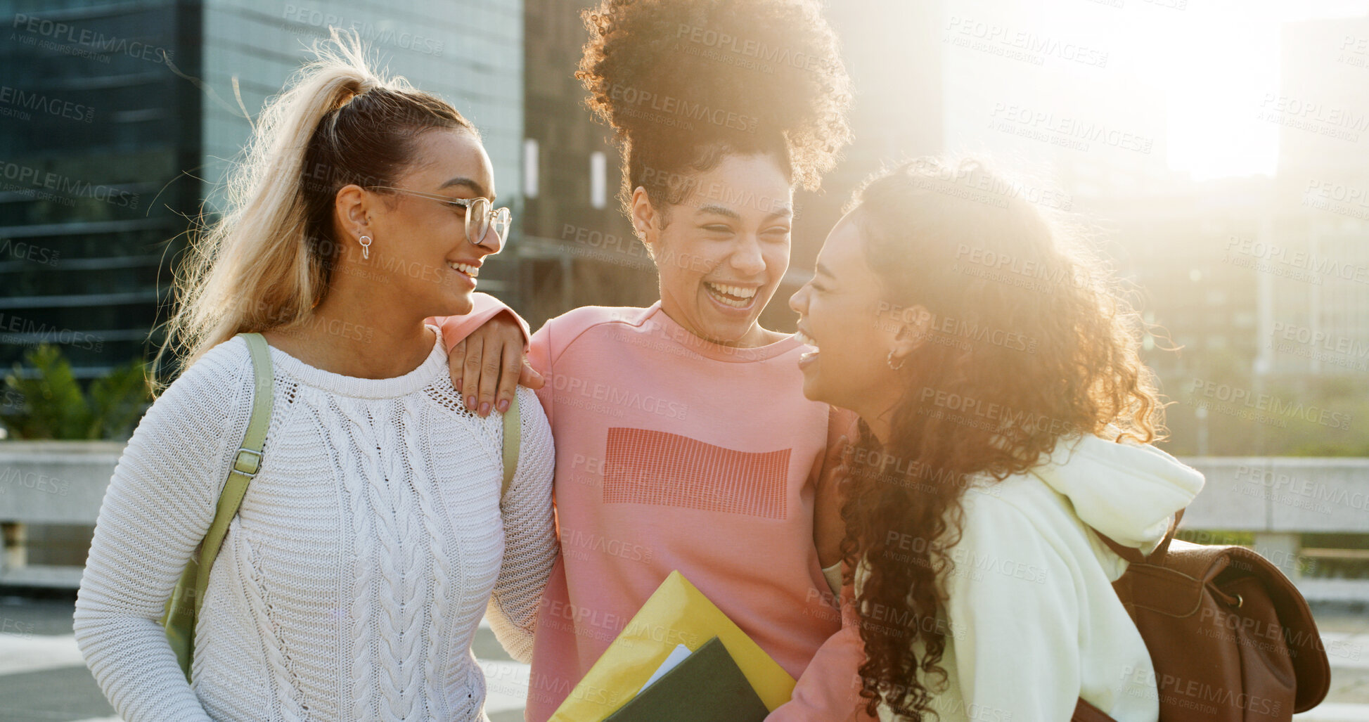 Buy stock photo Happy woman, friends and university student with hug, talk and excited for back to school reunion. Girl, group and flare with conversation at college for learning, education and scholarship at campus