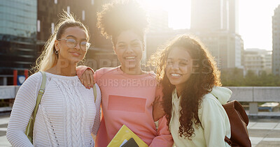 Buy stock photo Portrait, happy and women in city for college education, school and learning with students. Girl friends, academy and people at university for development, future career or knowledge growth on campus