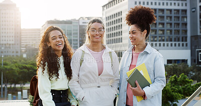 Buy stock photo Portrait, confident or happy women in city for college education, school and learning with students. Friends, academy and people at university for development, future career and support on campus