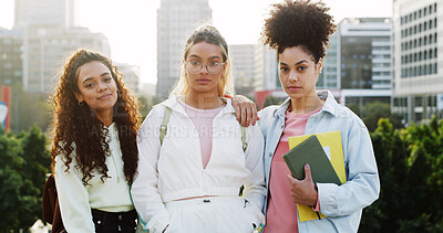 Buy stock photo Portrait, friends and women in park for college education, school or learning with students. Outdoor, academy and people at university for development, future career or knowledge growth on campus