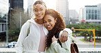 Students, friends and happy women hug in city for education, university scholarship and laugh. Portrait, college campus and girls embrace outdoor together with gen z for support, funny and bonding