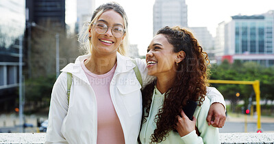 Buy stock photo College students, friends and happy women hug in city for education, scholarship and laugh. Portrait, university campus and girls embrace outdoor together with gen z for support, funny and bonding