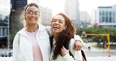 Buy stock photo Hug, students and portrait of women in city for travel, commute and walking to campus on weekend. University, friends and people in urban town relax for break, college vacation and holiday outdoor