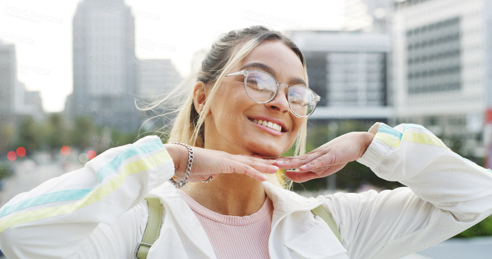 Buy stock photo Smile, student and glasses with woman in city for relax, education and college future. Scholarship, University opportunity and pride with female person outdoor for confidence, campus and study