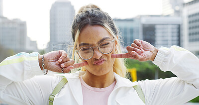 Buy stock photo Playful, student and glasses with woman in city for relax, education and college future. Scholarship, University opportunity and silly face with female person outdoor for confidence, pout and tease