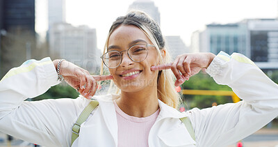Buy stock photo Smile, student and portrait with woman in city for playful, education and college future. Scholarship, University opportunity and silly with female person outdoor for confidence, campus and study