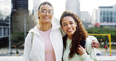 Buy stock photo College students, friends and happy women hug outdoor for education, scholarship and laugh. Portrait, university campus and girls embrace in city together with gen z for support, funny and bonding