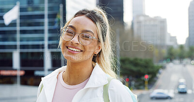 Buy stock photo Portrait, woman and student smile in city for morning travel, education goals and urban learning. Happy, female person and confidence for commute trip, university scholarship and studying opportunity