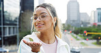 Blow kiss, student and portrait with woman in city for relax, education and college future. Scholarship, University opportunity and pride with female person outdoor for confidence, campus and study