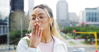 Buy stock photo Confident, woman and blow kiss as student in city for education, urban learning and flirty pose. Love, expression and female person for college scholarship, university opportunity and studying pride
