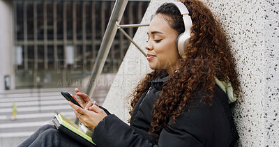 Buy stock photo Student, phone and woman in city with music, education podcast and streaming radio online. Learning, mobile and happy girl with headphones outdoor for audiobook, internet playlist and listen to sound