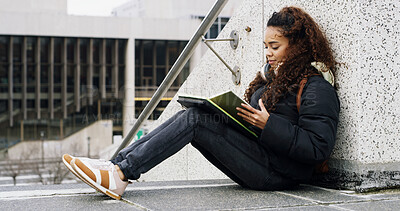 Buy stock photo College student, woman and reading book in city for learning, knowledge or scholarship. Outdoor, university campus and girl with notebook for education, information or study for test preparation