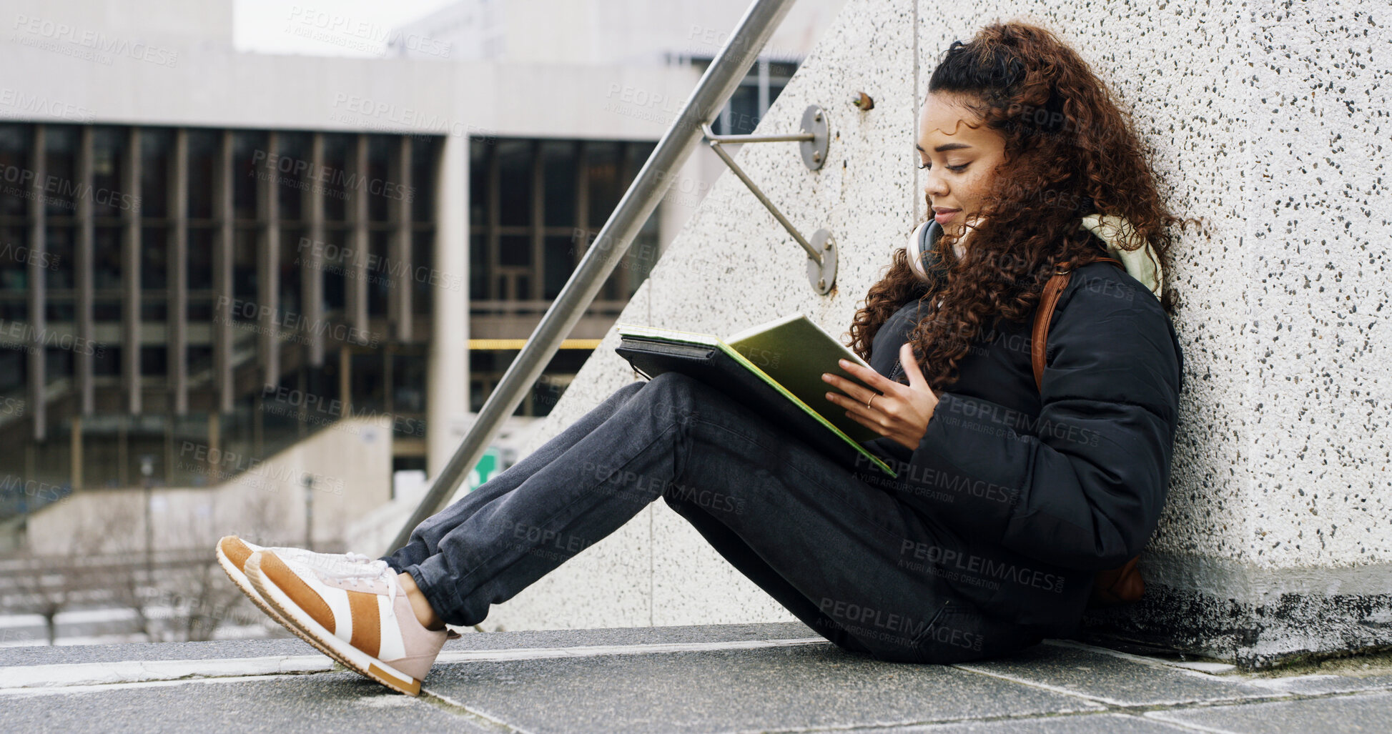 Buy stock photo College student, woman and reading book in city for learning, knowledge or scholarship. Outdoor, university campus and girl with notebook for education, information or study for test preparation