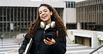 Student, portrait and girl with phone on campus with headphones for music, chat or academic online portal. Woman, audio tech and university mobile app for education or future career opportunity