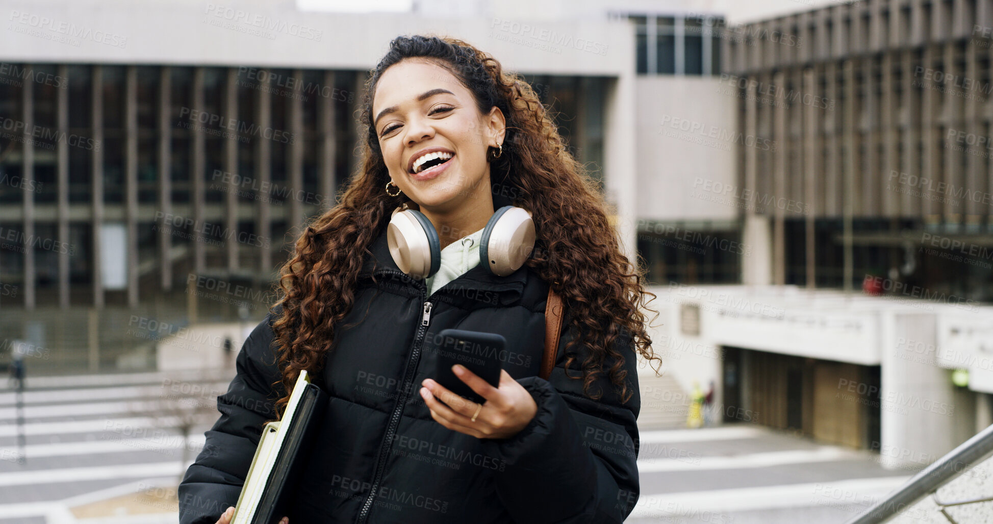 Buy stock photo Student, portrait and girl with phone on campus with headphones for music, chat or academic online portal. Woman, audio tech and university mobile app for education or future career opportunity