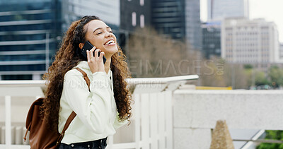 Buy stock photo Happy woman, student in city and phone call for communication, laugh and contact for college scholarship. Funny, mobile chat and good news for university acceptance or internship opportunity in town