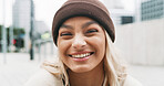 Portrait, woman and student laugh in city for morning travel, education goals and urban learning. Smile, female person and confidence with funny joke, university scholarship and studying opportunity