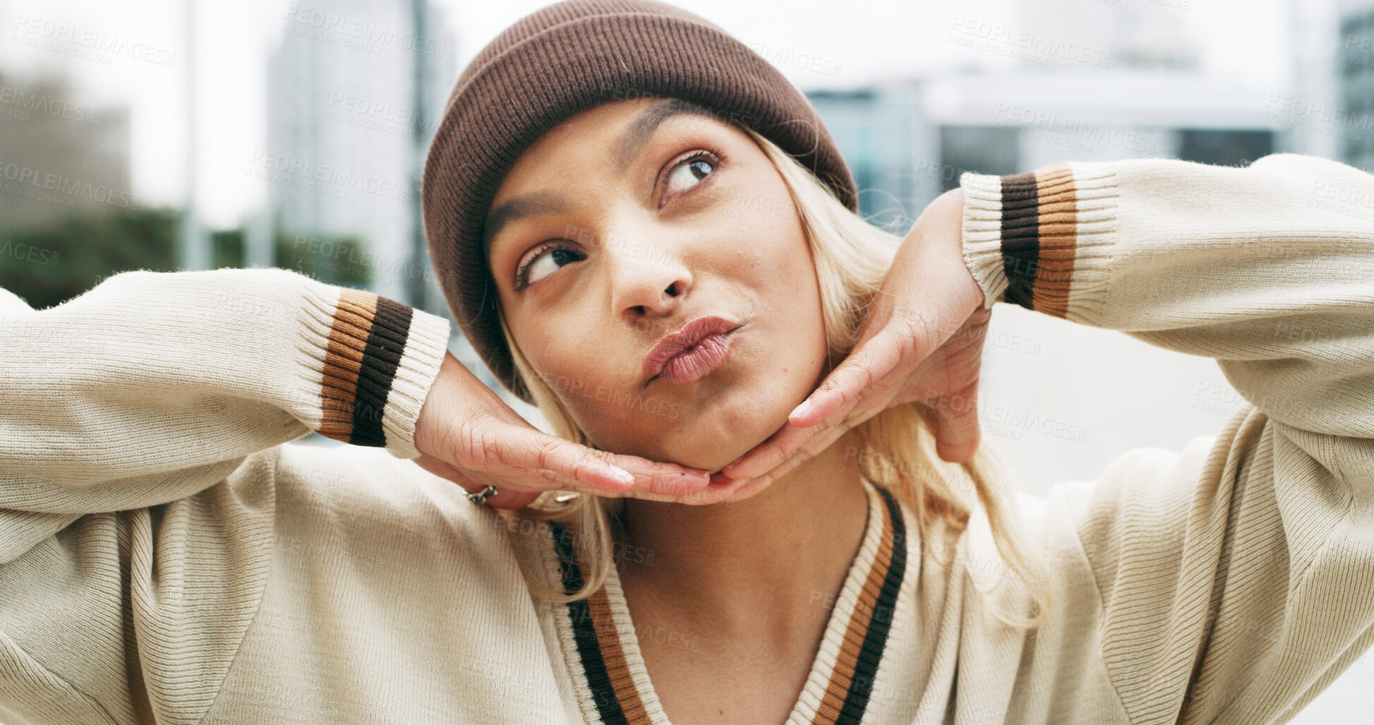 Buy stock photo Thinking, woman and student with confidence in city for education, urban learning and playful pose. Silly, expression and female person for study scholarship, university opportunity and travel pride