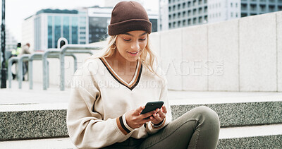Buy stock photo Stairs, texting and woman with smartphone, relax and communication with contact, online and outdoor. Steps, typing and person with mobile for message, digital and network on social media in city
