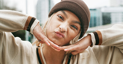 Buy stock photo Portrait, woman and student for fashion in city with streetwear, edgy clothes and playful pose. Silly, expression and female person with swag, urban outfit and culture with trendy style for education