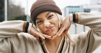 Buy stock photo Portrait, woman and student for fashion in city with streetwear, edgy clothes and playful pose. Silly, expression and female person with swag, urban outfit and culture of trendy style for education